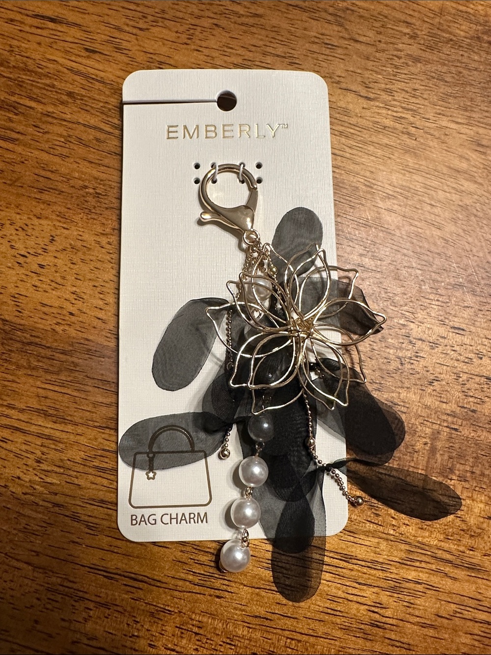 Emberly Gold Floral Key & Card Holder Charm with Black Fabric and Pearl Drops